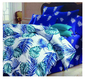 100% cotton 6 pieces king size bed set - blue Tropical leaves