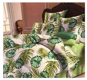 100% cotton 6 pieces king size bed set - green tropical leaves